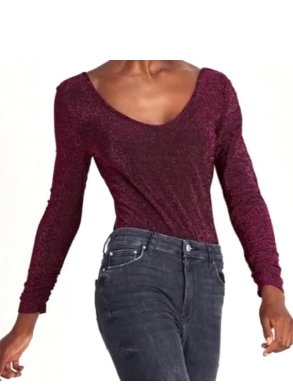Zara Shimmer Knit Bodysuit Women’s Size S Scoop Neckline Ruched Sleeves Shimmer